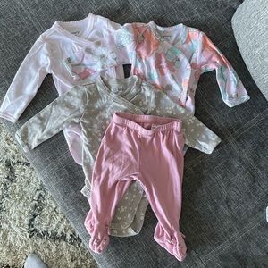 3 Carters long sleeve onesies and 1 pair Carters footed pants